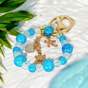 Beaded Bag Key Charm Blue White Gold Sea Turtle Shell Starfish Y2K Mermaidcore